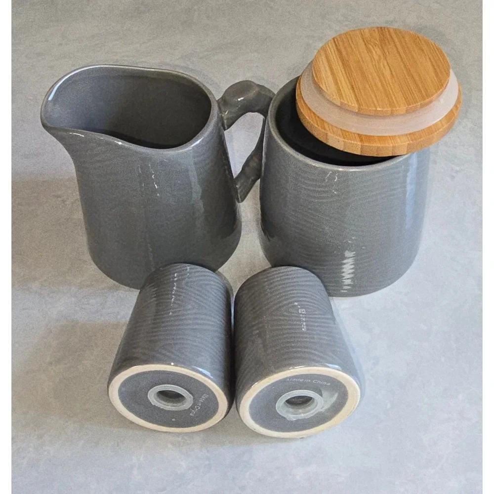 Temp-tations by Tara Woodland Grey Ceramic Creamer Sugar Salt Pepper Set 4pc